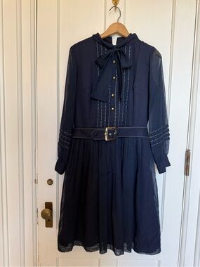 Vintage Navy Bow-Front Belted Dress